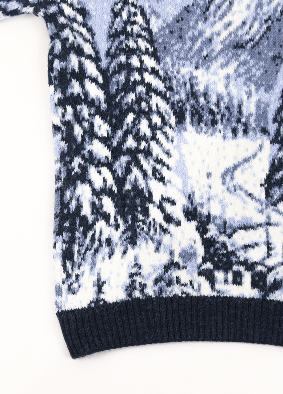 Темно-синий зимний свитер для девочки зимний темно-синий с елками шерстяной Pulltonic Прямая