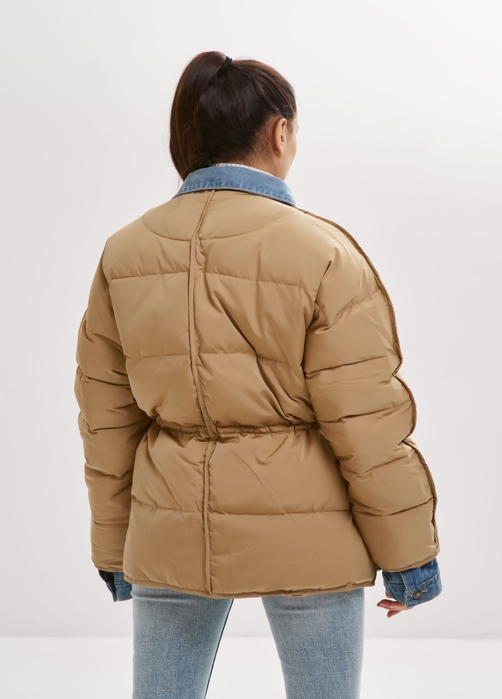 Бежева зимня жіночий короткий пуховик куртка з вшитими вставками джинсу натуральний пух водовідштовхуючий зима осінь m-09 беж Actors