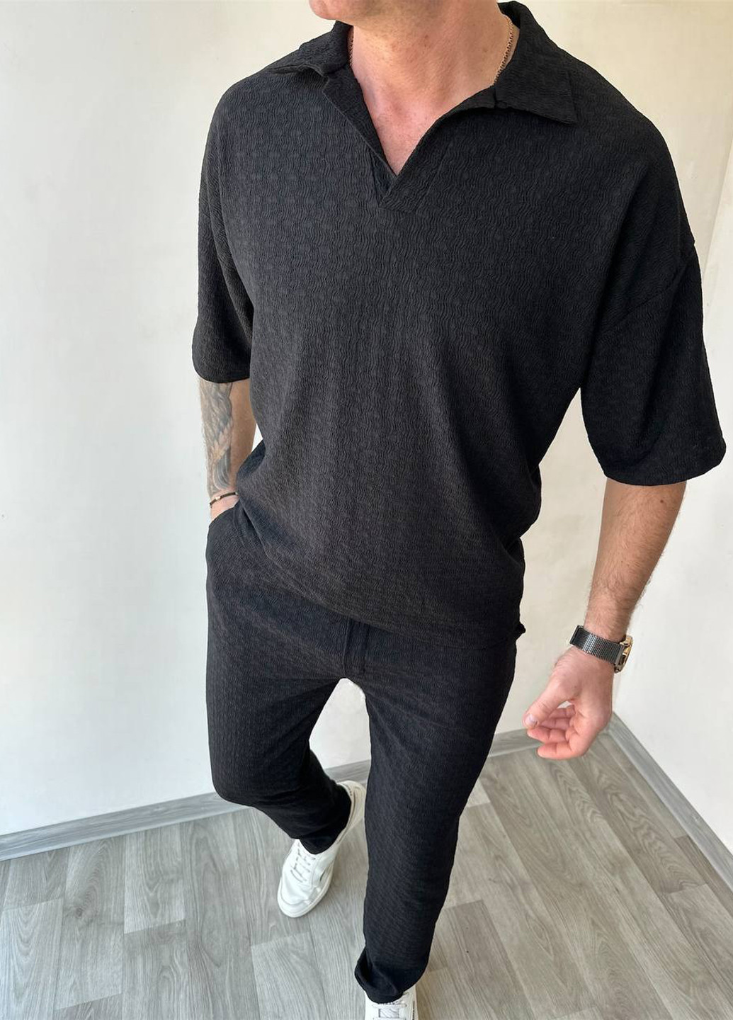 Чорний літній костюм (поло, штани) брючний Fashion