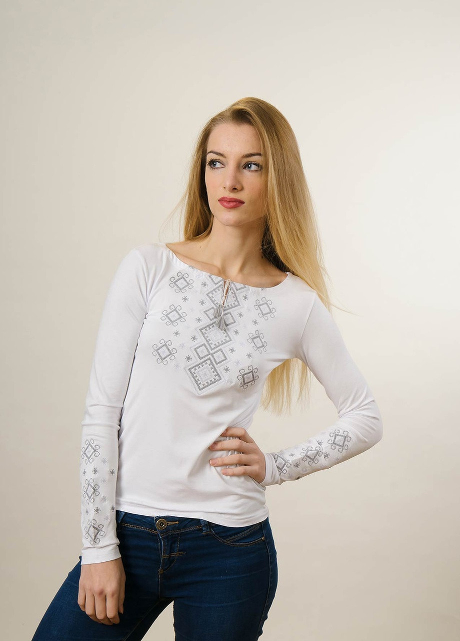 Белая женская вышитая футболка с длинным рукавом нежный карпатский орнамент Melanika узор геометрический приталенная хлопок органический (250206160)