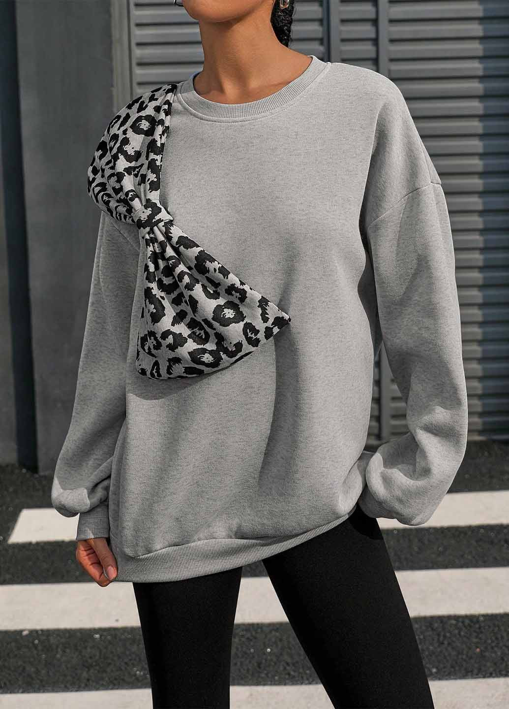 Сірий світшот SHEIN леопардовий складки, аплікація, бант (367004304)