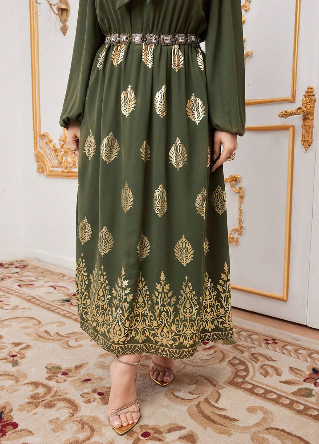 Оливкова (хакі) ділова, кежуал сукня кльош SHEIN з малюнком