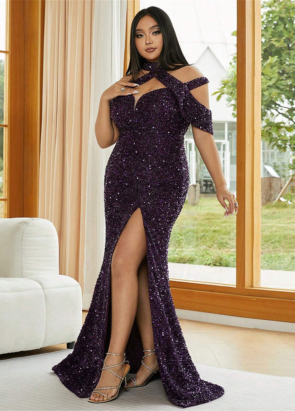 Темно-фіолетова вечірня сукня годе, з відкритими плечима SHEIN однотонна