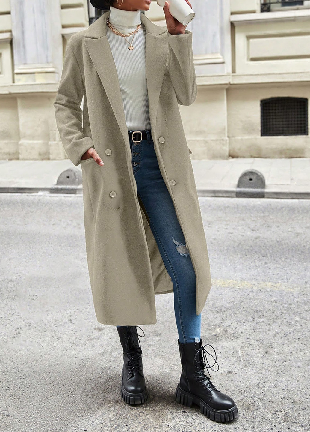 Сіро-бежеве демісезонне Пальто двобортне SHEIN