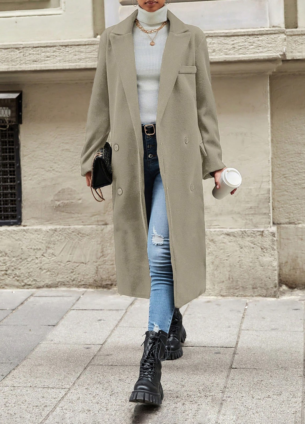 Сіро-бежеве демісезонне Пальто двобортне SHEIN