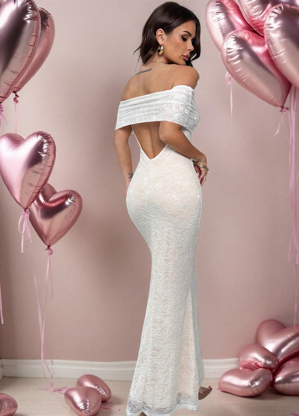 Кремова вечірня, святковий сукня годе, з відкритими плечима, з відкритою спиною SHEIN однотонна