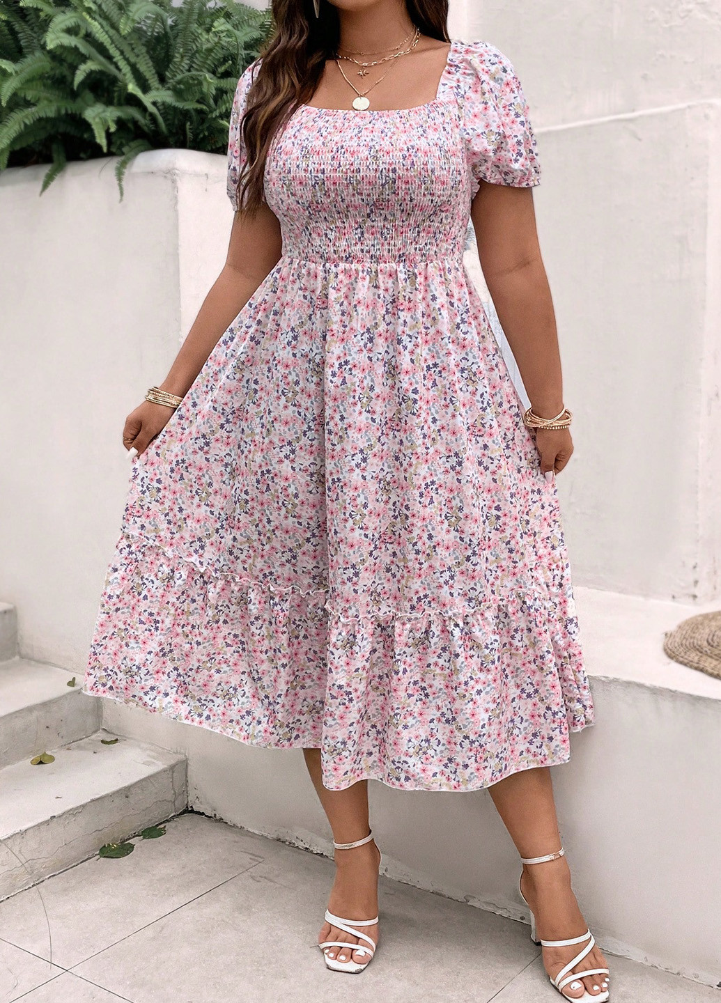 Рожево-лілова кежуал сукня з спідницею-сонце, в стилі армпір SHEIN з квітковим принтом