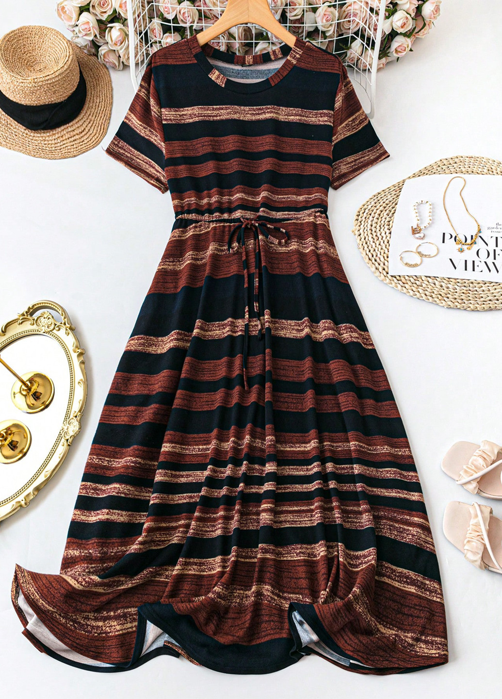 Коричневое кэжуал платье а-силуэт Emery Rose в полоску