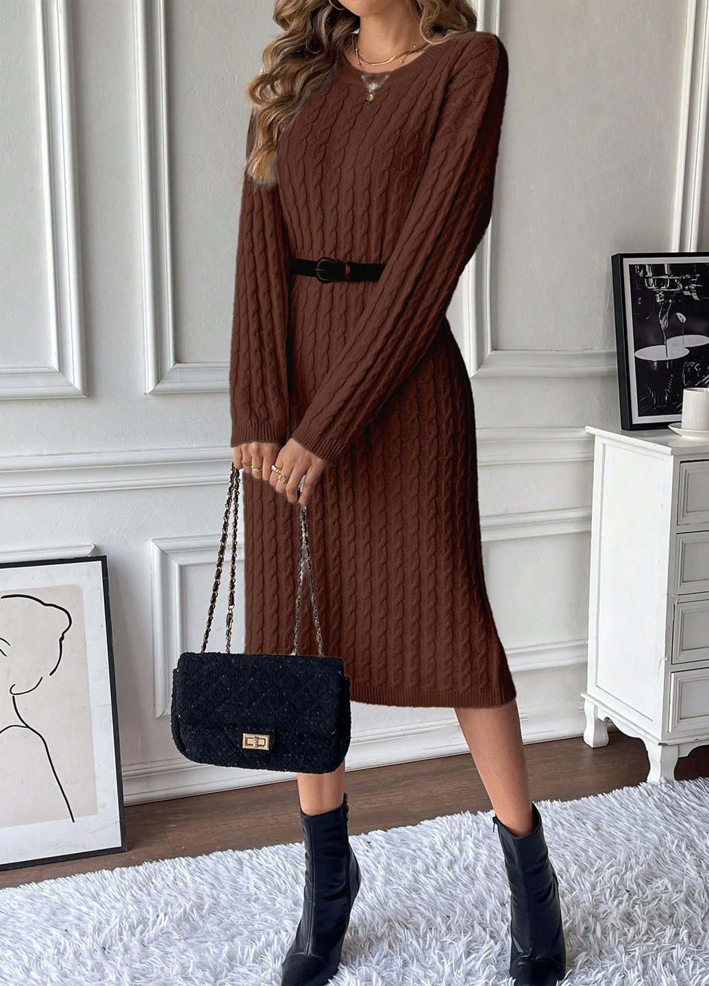 Коричнева кежуал сукня сукня светр SHEIN однотонна