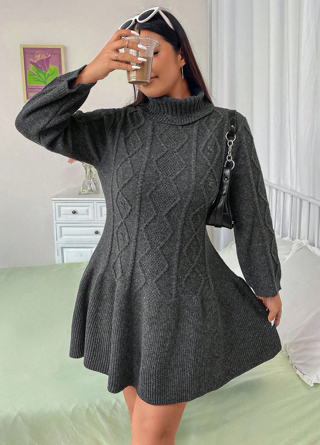 Темно-серое кэжуал платье клеш, платье-свитер SHEIN однотонное