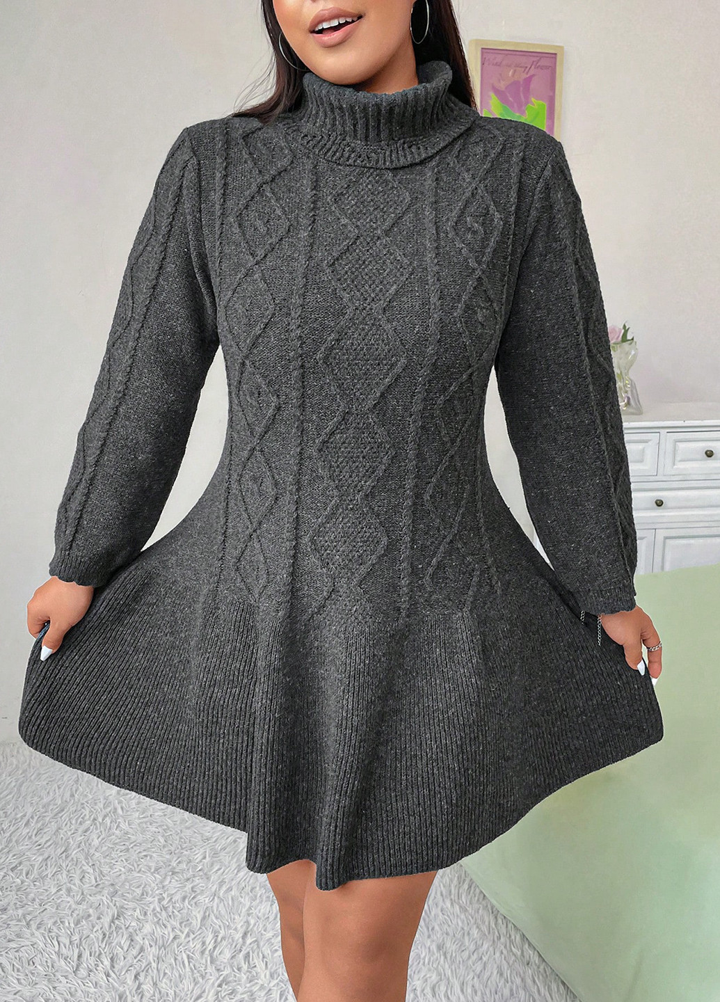 Темно-серое кэжуал платье клеш, платье-свитер SHEIN однотонное