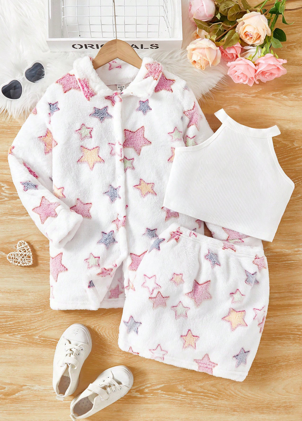 Белый демисезонный костюм (куртка-рубашка, топ, юбка) юбочный, тройка SHEIN