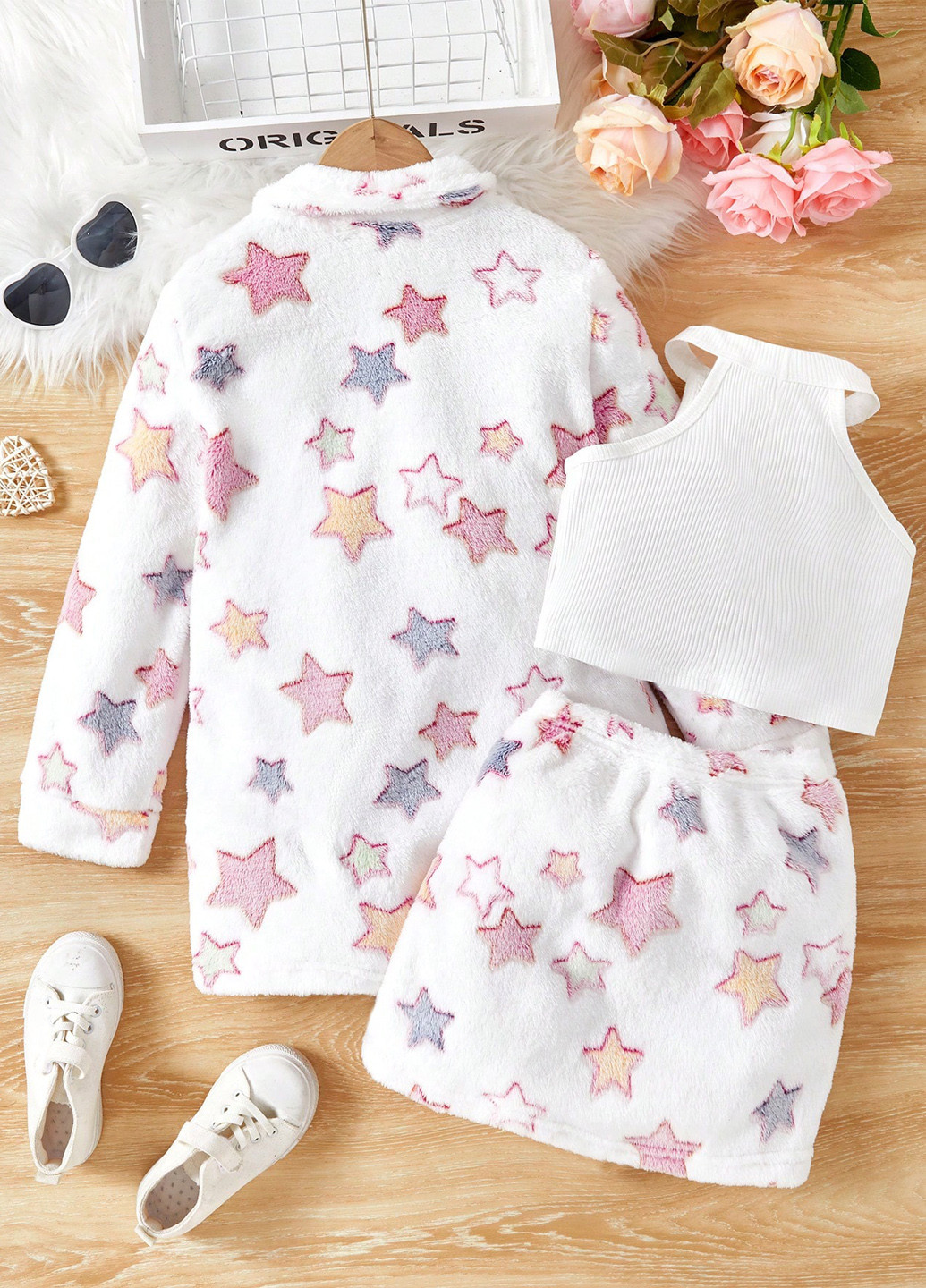 Белый демисезонный костюм (куртка-рубашка, топ, юбка) юбочный, тройка SHEIN