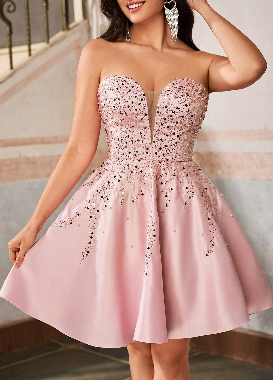 Рожева коктейльна, вечірня сукня з спідницею-сонце, бандо SHEIN однотонна