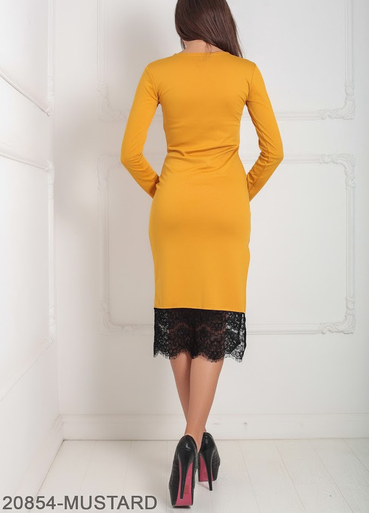 Горчичное кэжуал элегантное приталенное платье с вырезом на ноге и кружевной кромкой на юбке imilar Podium однотонное