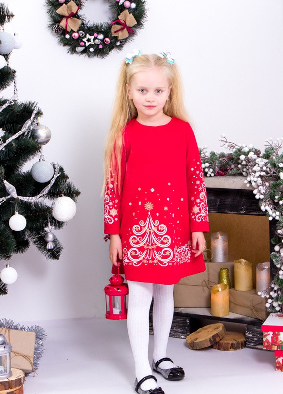 Червона утеплена сукня для дівчинки прямого крою з новорічним принтом (p-4393) Носи своє (255868596)