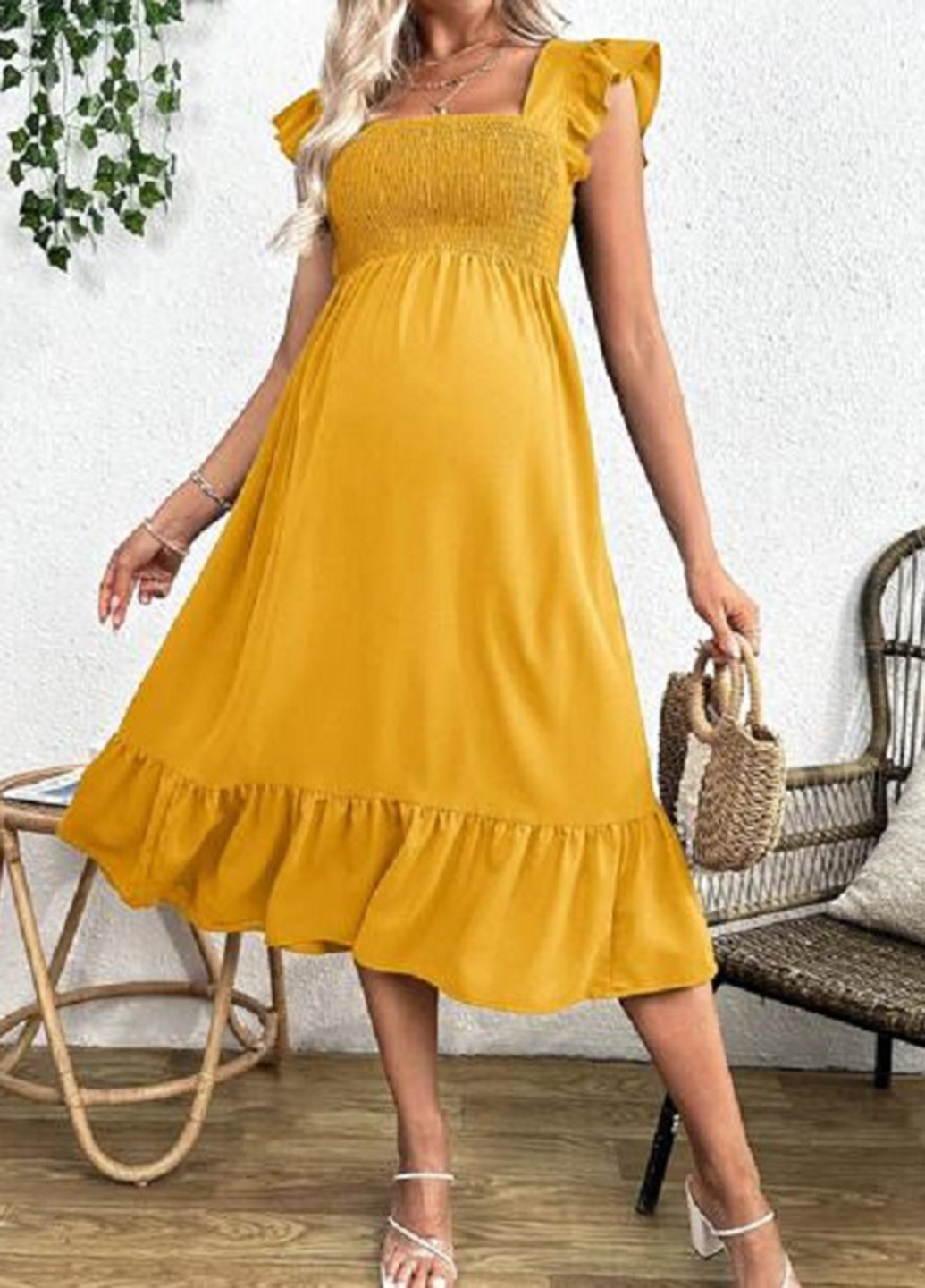 Гірчична кежуал сукня для вагітних кльош SHEIN однотонна