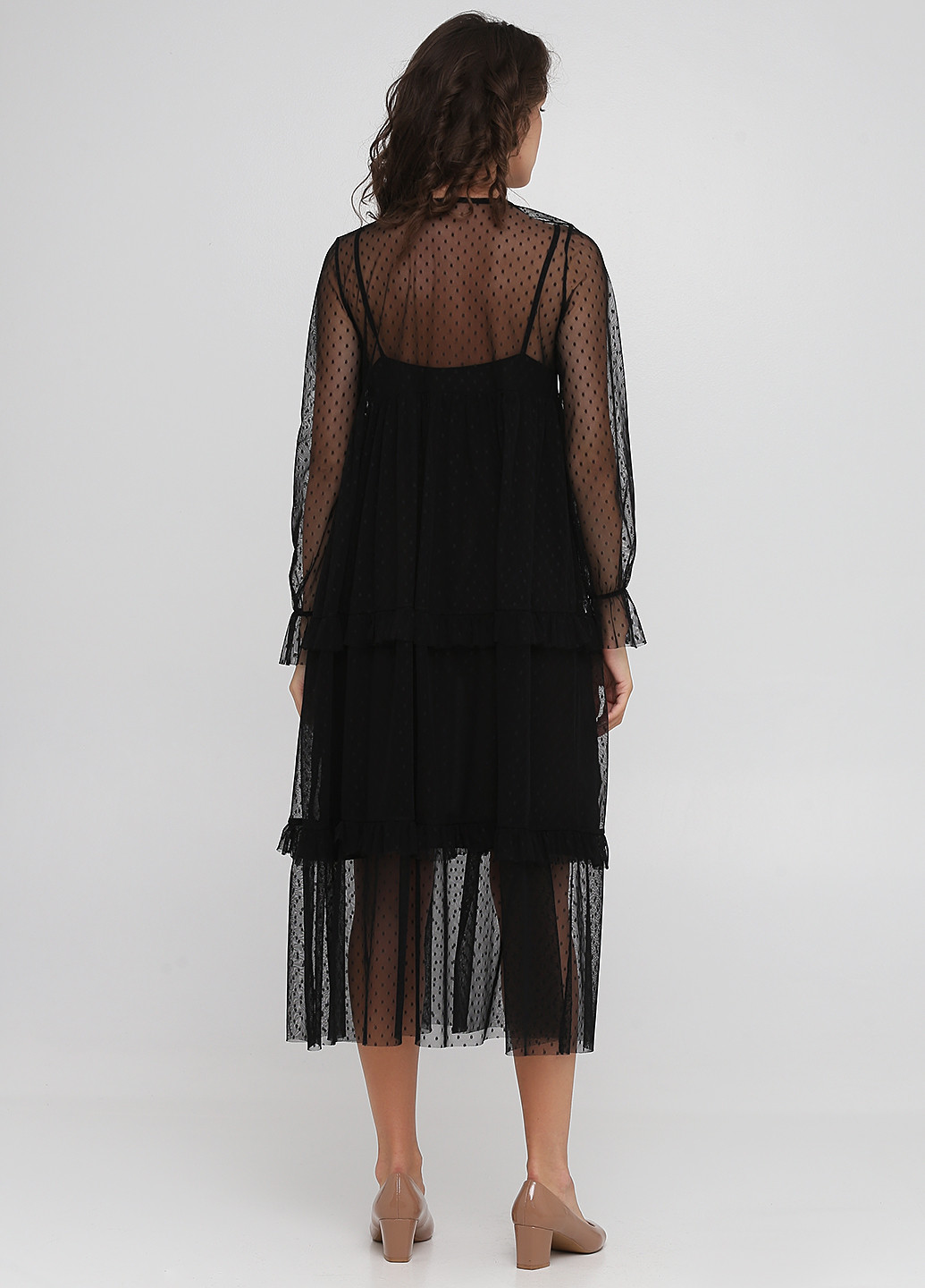 Чорна вечірня сукня в стилі армпір, кльош Made in Italy в горошок