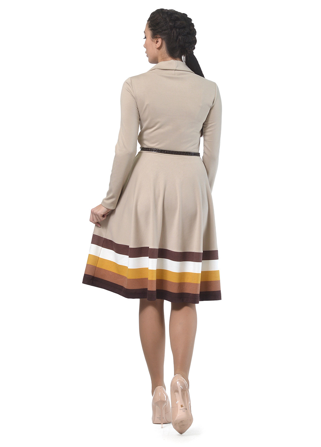 Бежевое кэжуал платье с юбкой-солнце Lemon в полоску