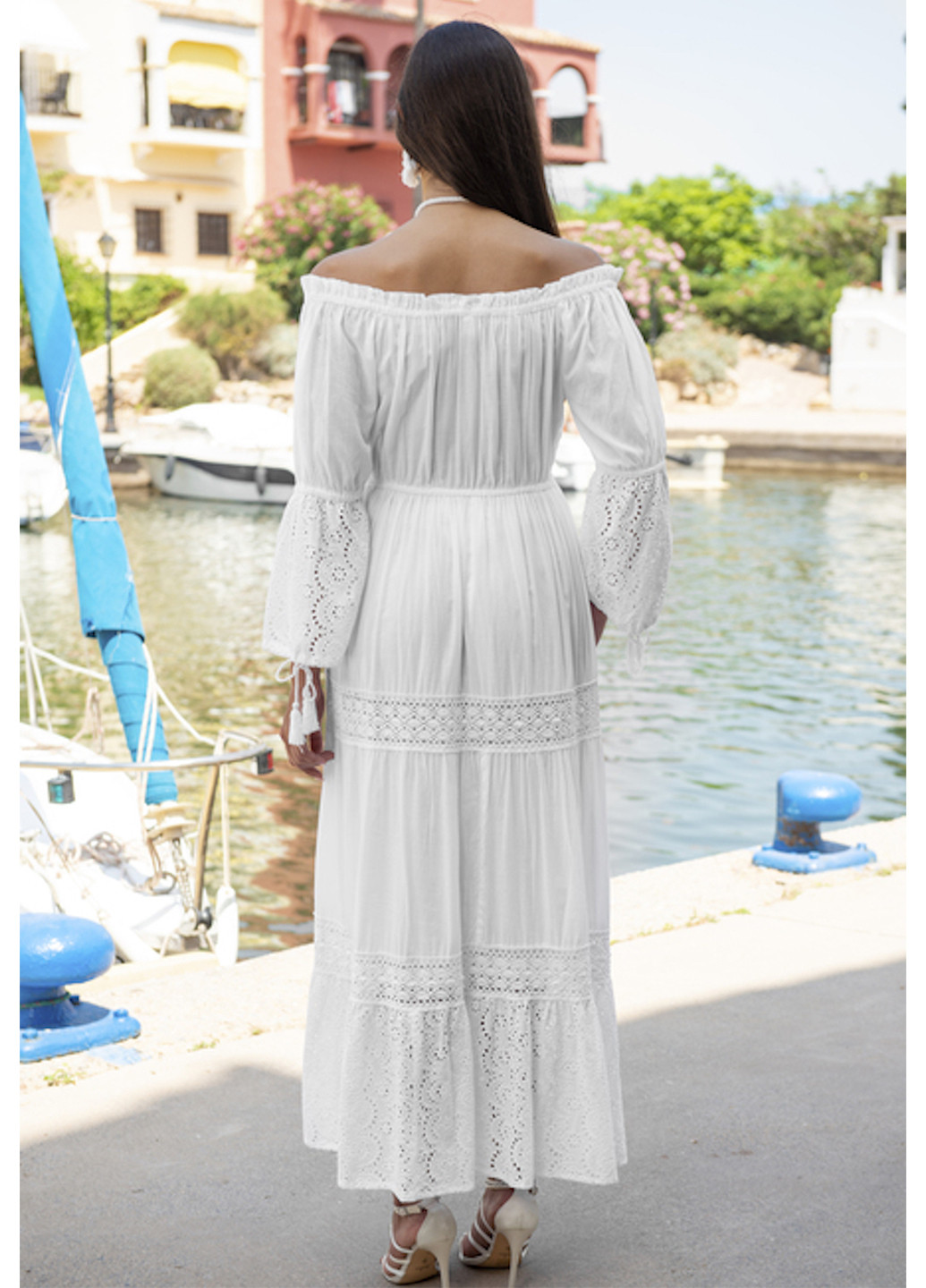 Белое кэжуал платье с открытыми плечами, клеш Fresh cotton однотонное