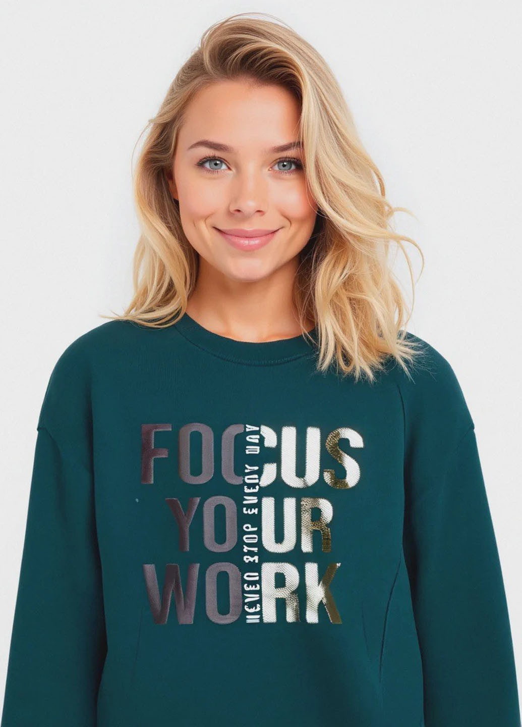 Бутылочный зеленый свитшот Piazza Italia надпись без декора (363048316)