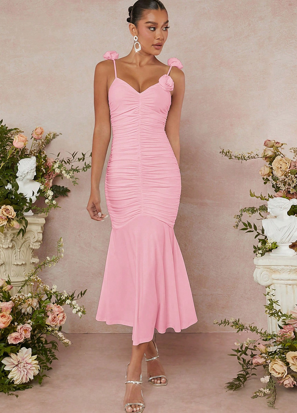 Рожева вечірня сукня годе, з відкритою спиною SHEIN однотонна