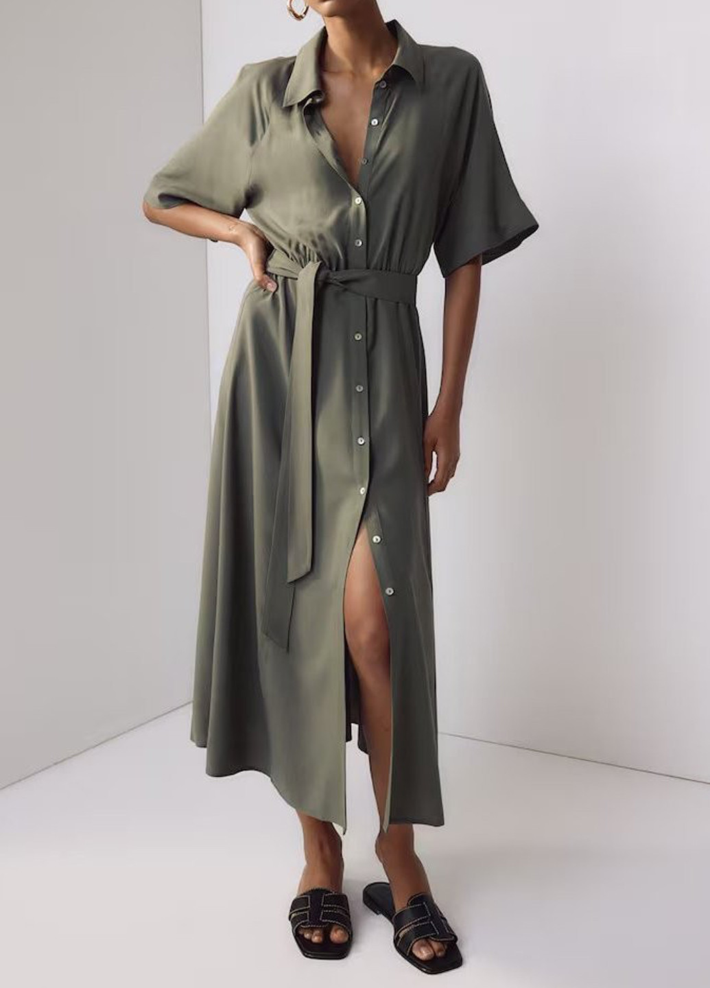 Оливковое (хаки) кэжуал платье рубашка H&M однотонное
