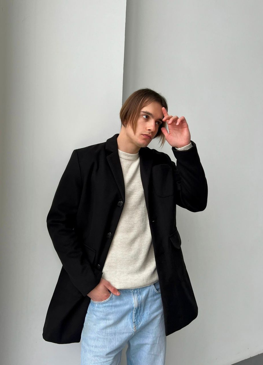 Черное демисезонное Кашемировое мужское пальто No Brand