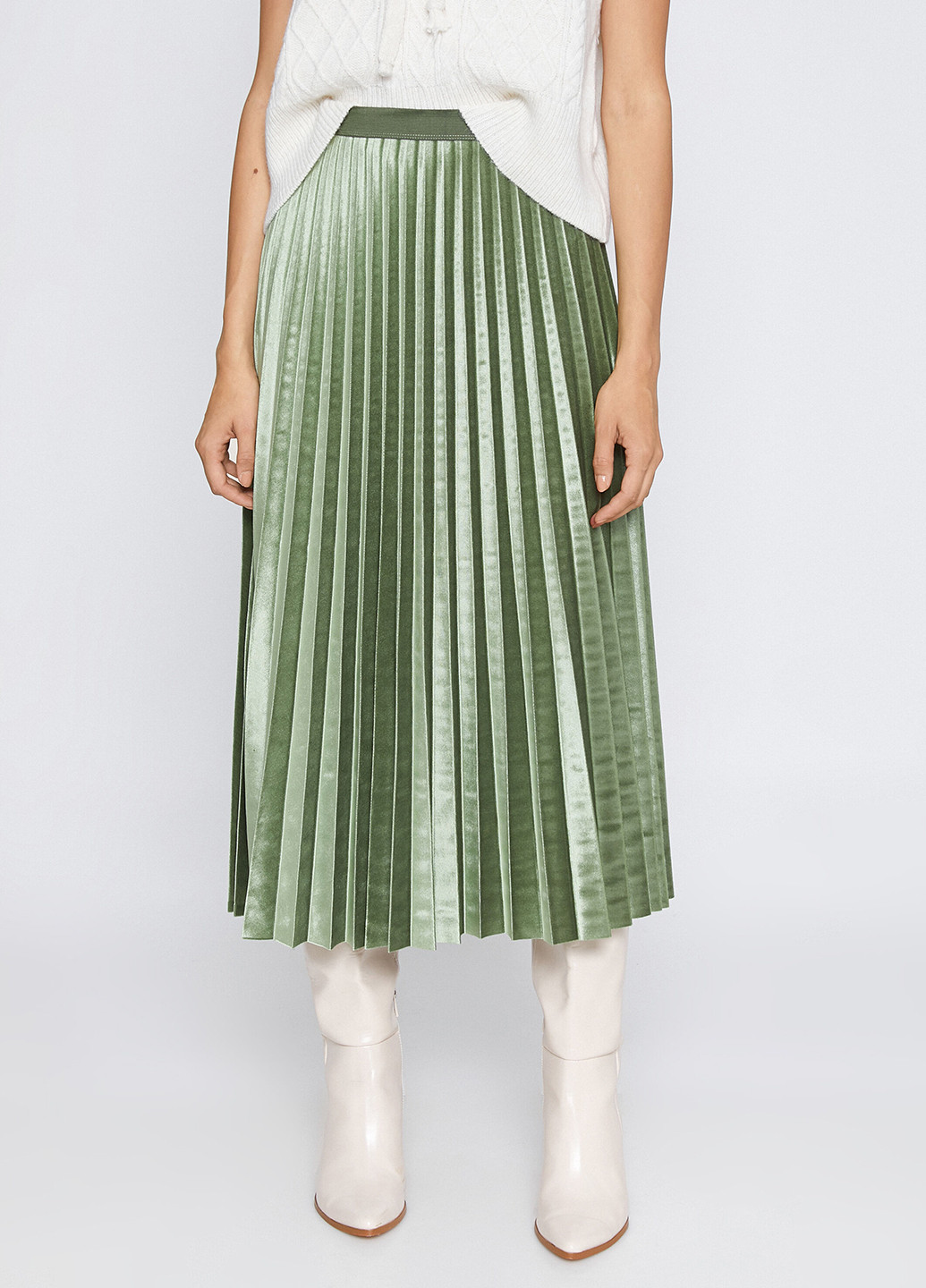 Серо-зеленая кэжуал однотонная юбка KOTON клешированная, плиссе