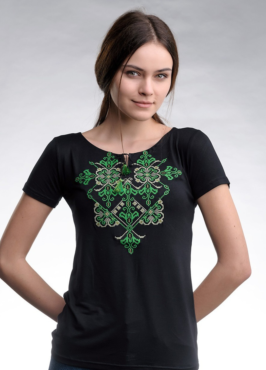 Женская вышитая футболка Элегия черная с зеленым Melanika (250206186)
