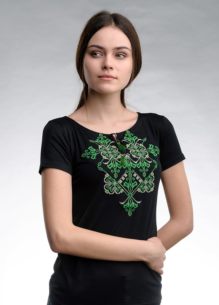 Жіноча вишита футболка Елегія чорна з зеленим Melanika (250206186)