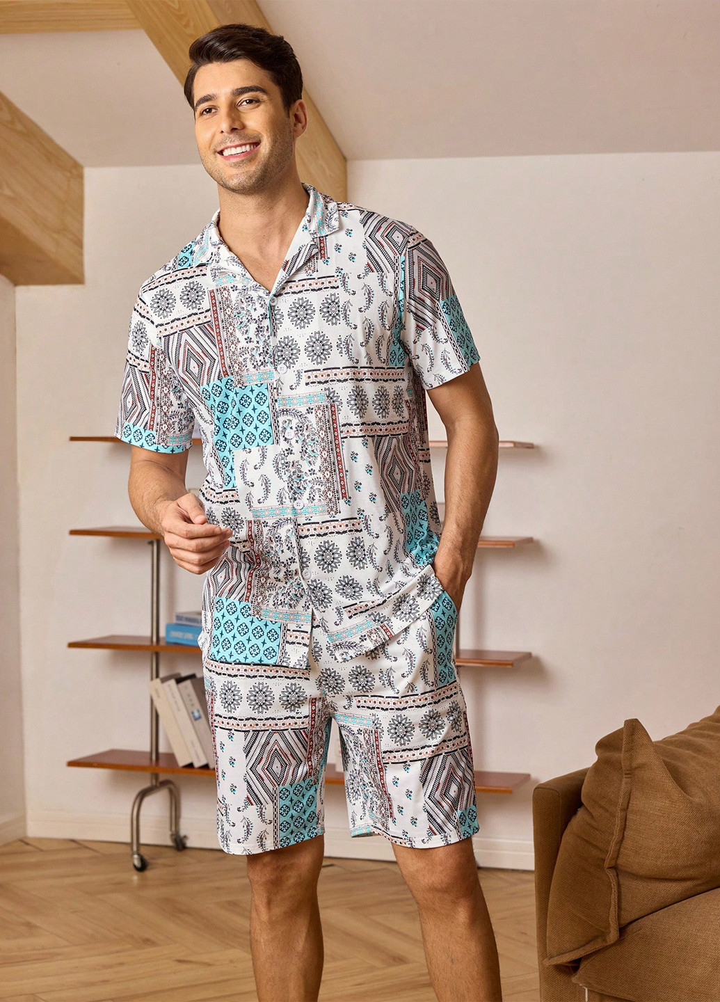 Светло-бежевый демисезонный костюм (рубашка, шорты) SHEIN