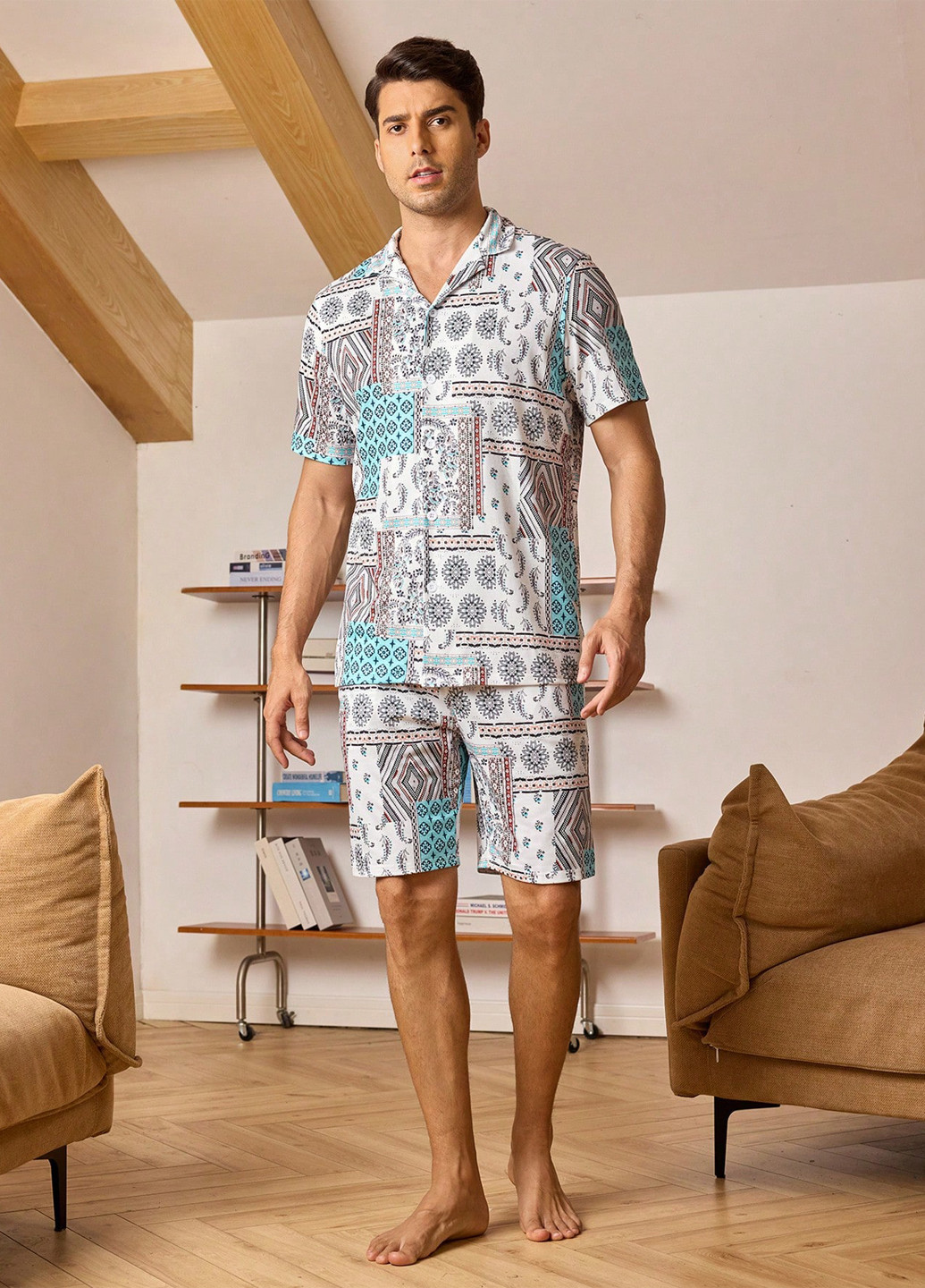 Светло-бежевый демисезонный костюм (рубашка, шорты) SHEIN