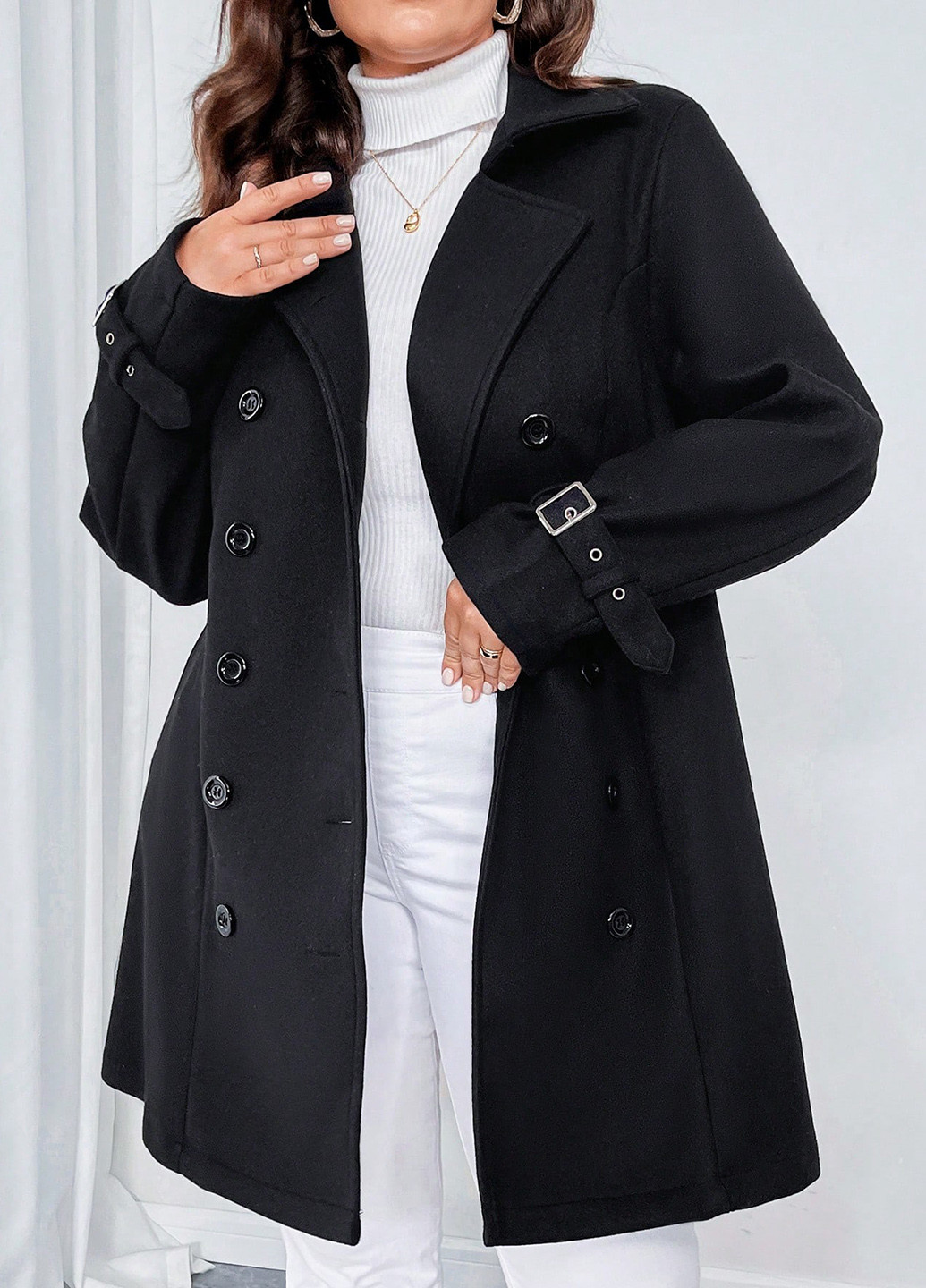 Чорне Кежуал напівпальто двобортне SHEIN однотонне