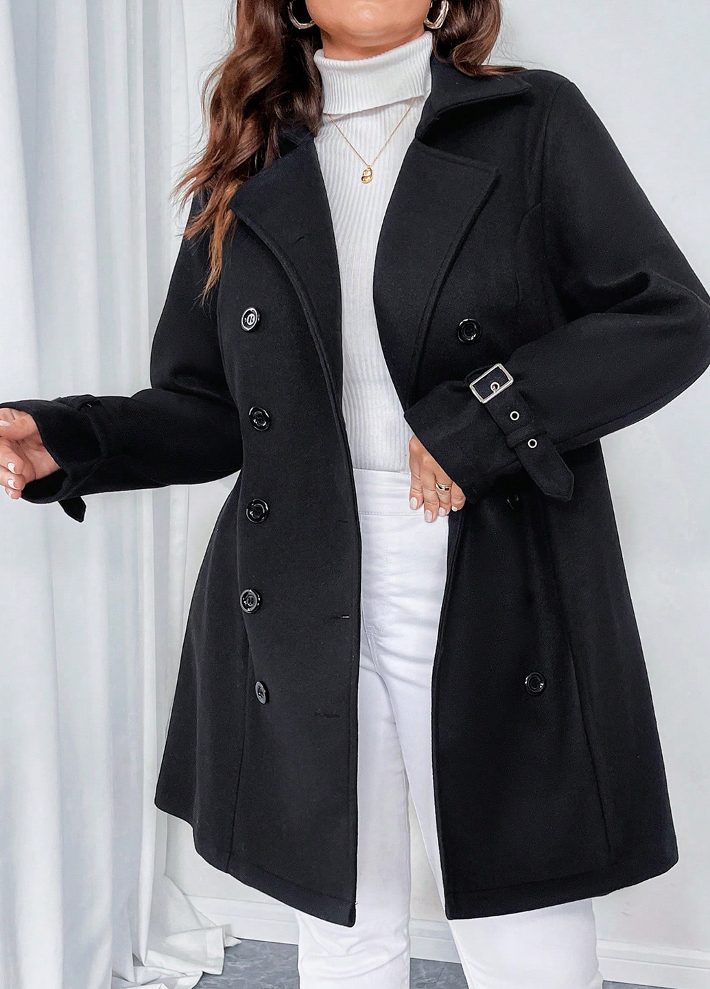 Чорне Кежуал напівпальто двобортне SHEIN однотонне