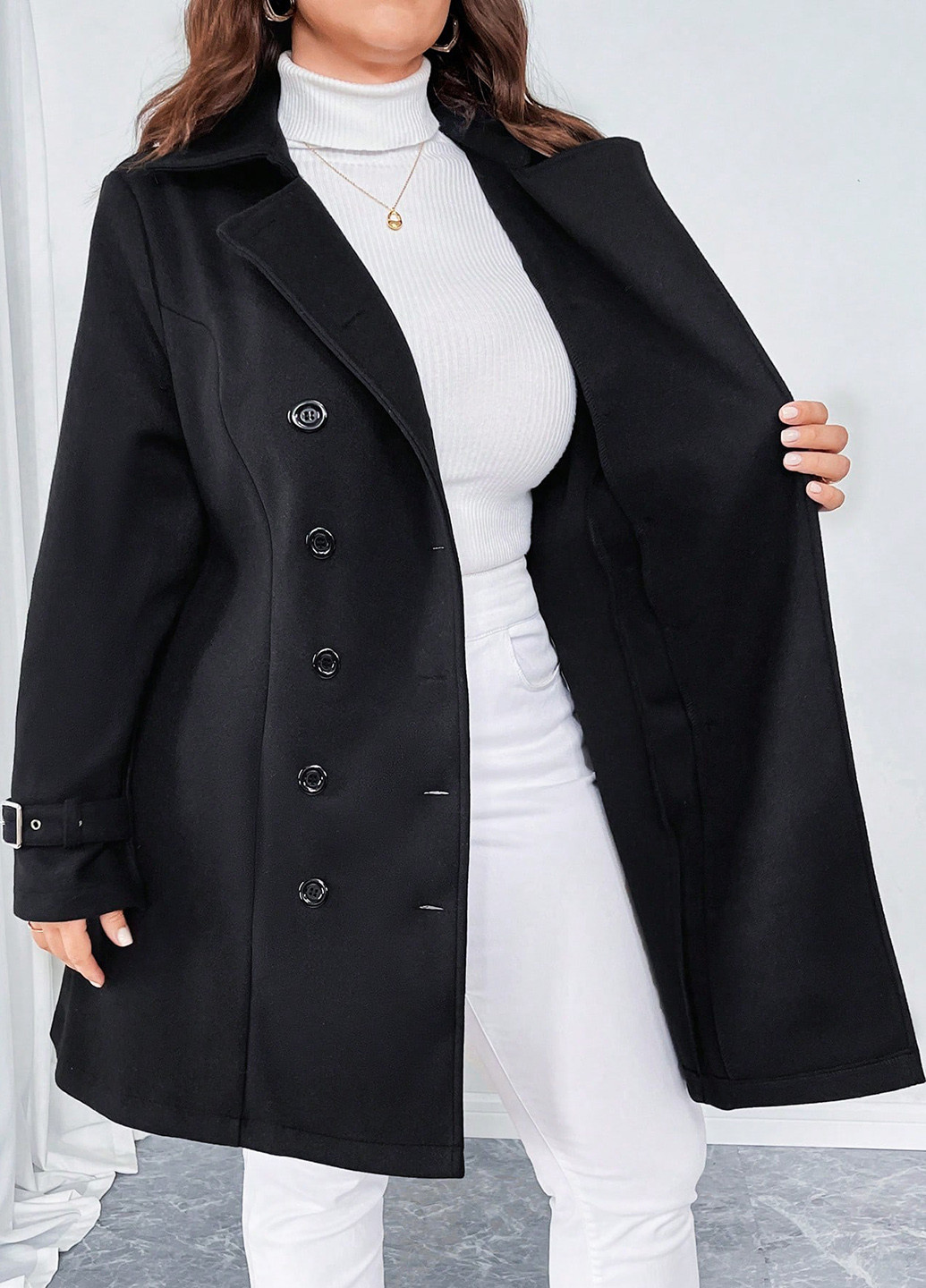 Чорне Кежуал напівпальто двобортне SHEIN однотонне