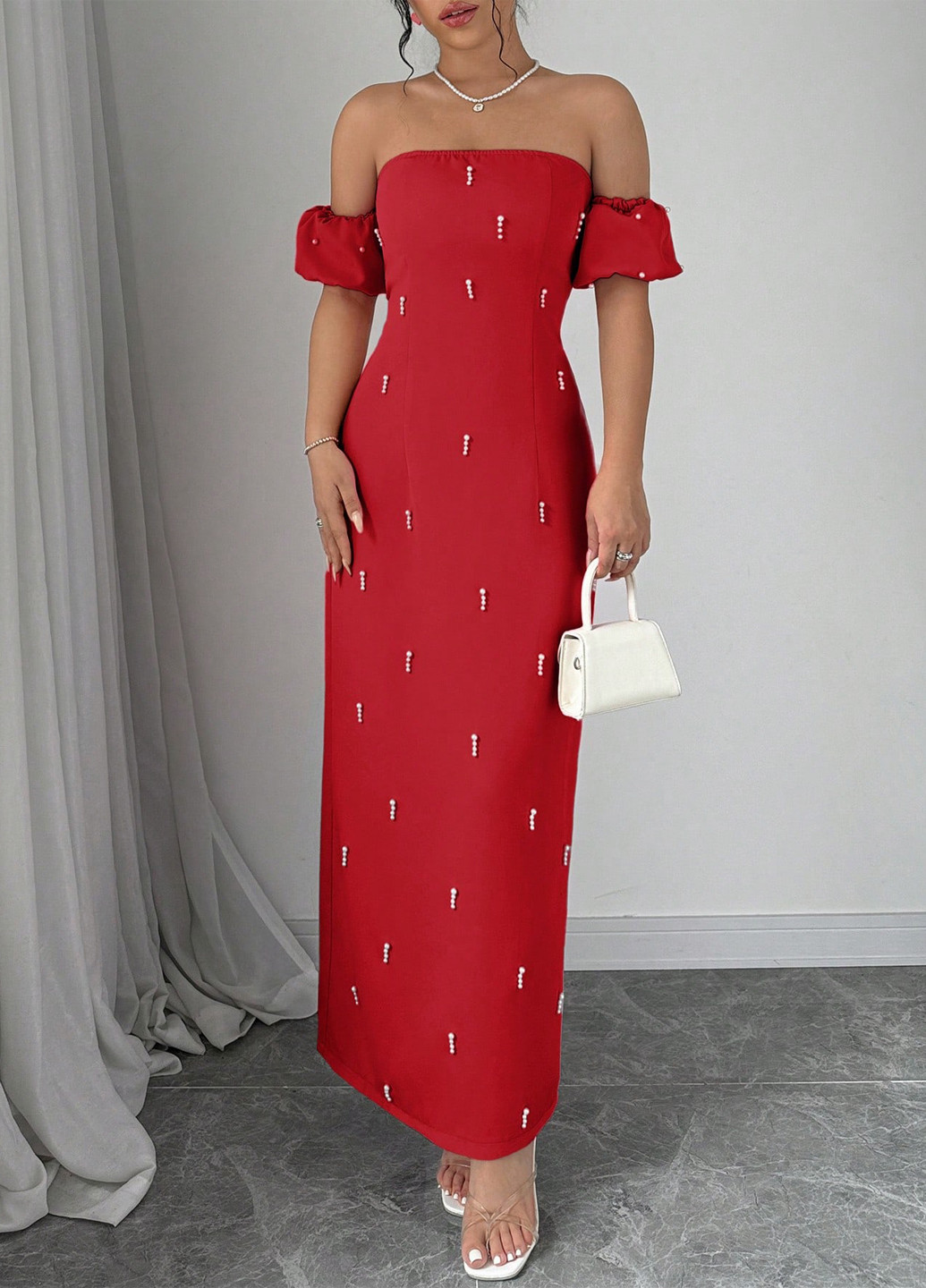 Красное вечернее платье с открытыми плечами SHEIN однотонное