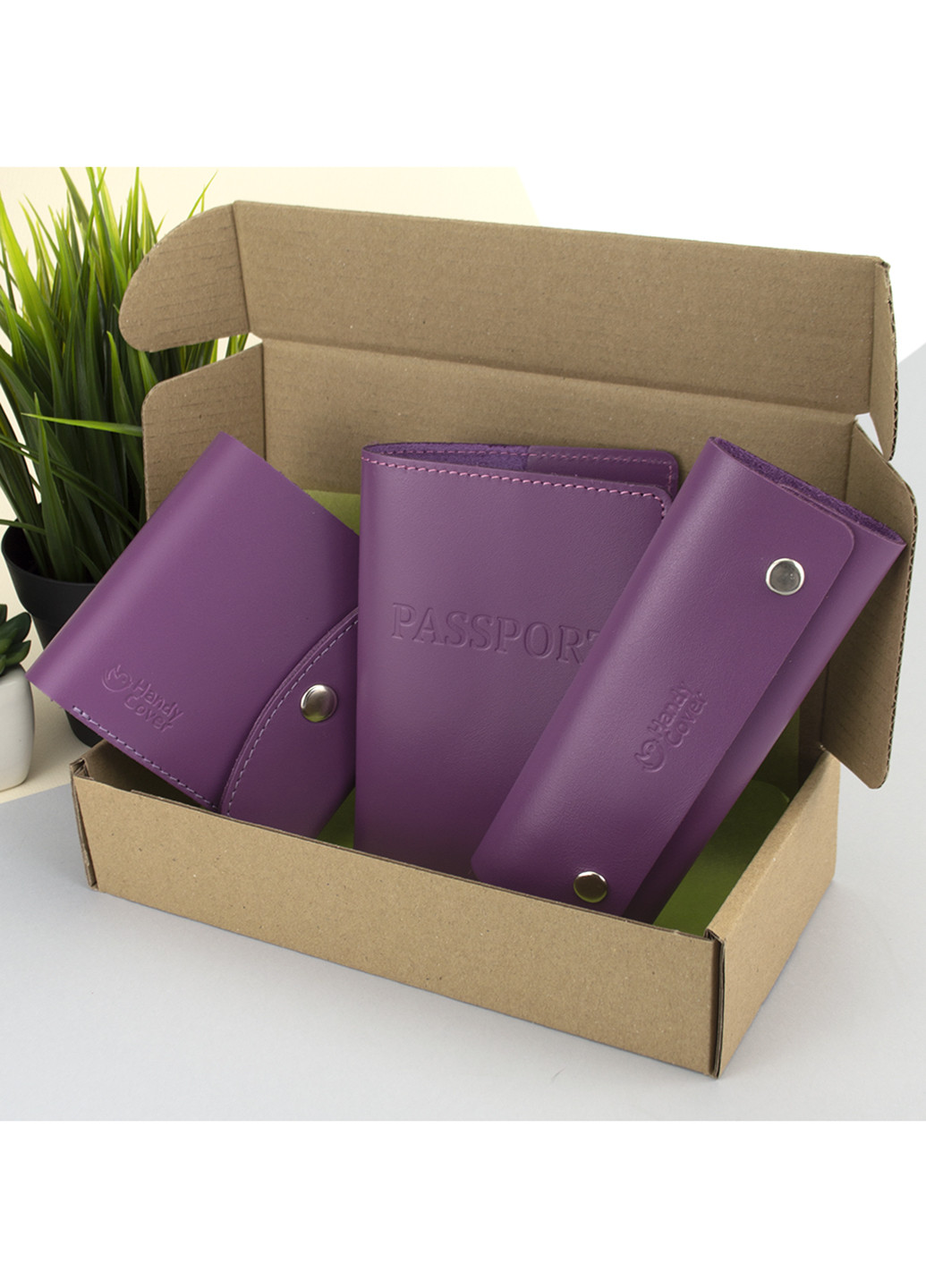 Подарочный набор женский №54 (фиолетовый) кошелек + ключница + обложка на паспорт HandyCover (229209309)