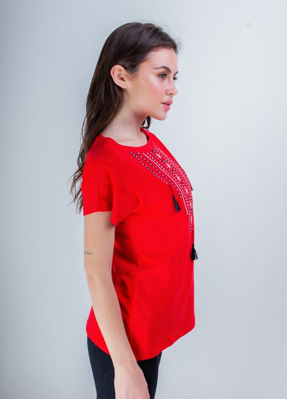 Жіноча вишита футболка Намисто червона Melanika (232536123)