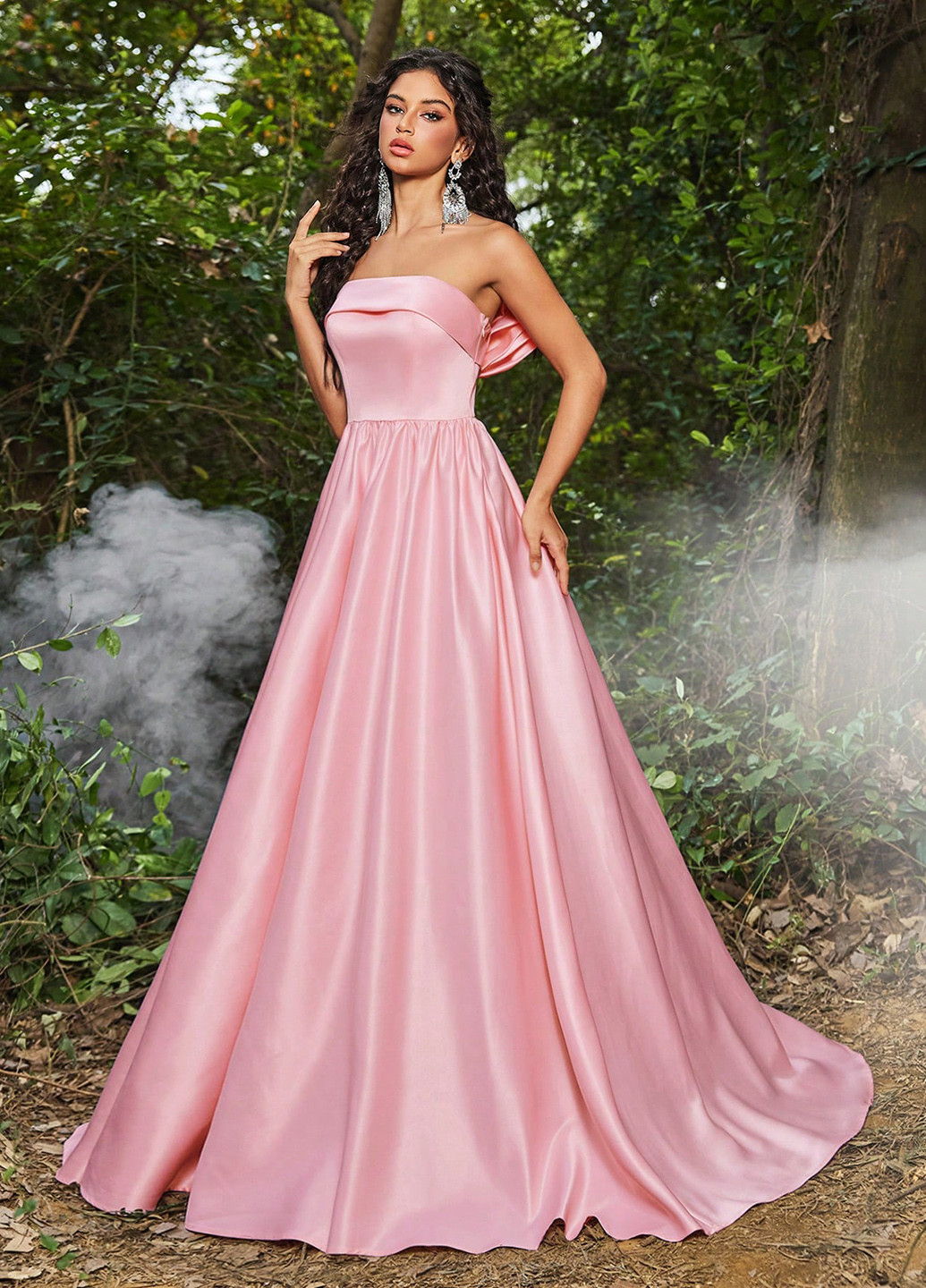 Світло-рожева святковий, вечірня сукня кльош, зі шлейфом SHEIN однотонна