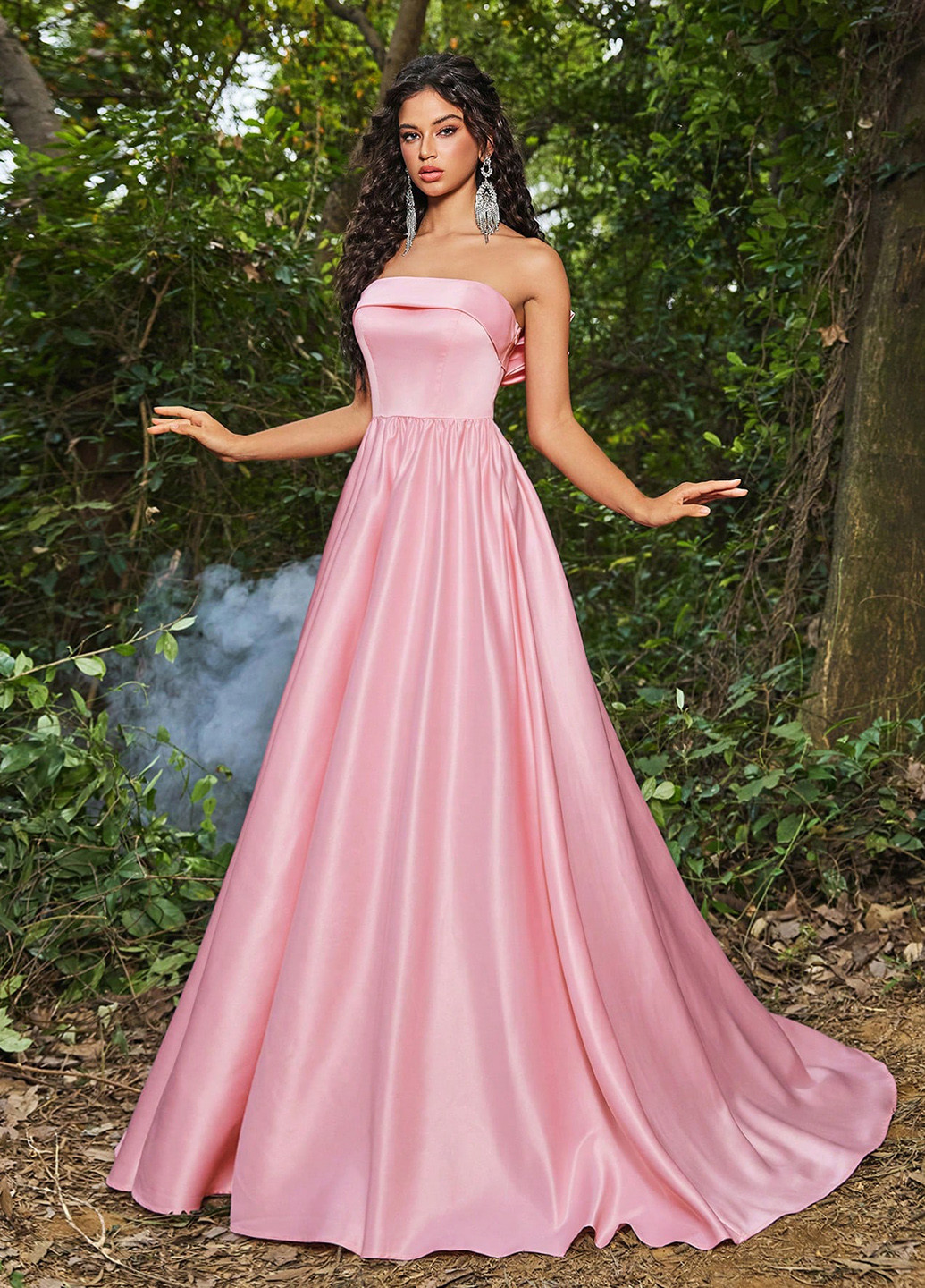 Світло-рожева святковий, вечірня сукня кльош, зі шлейфом SHEIN однотонна