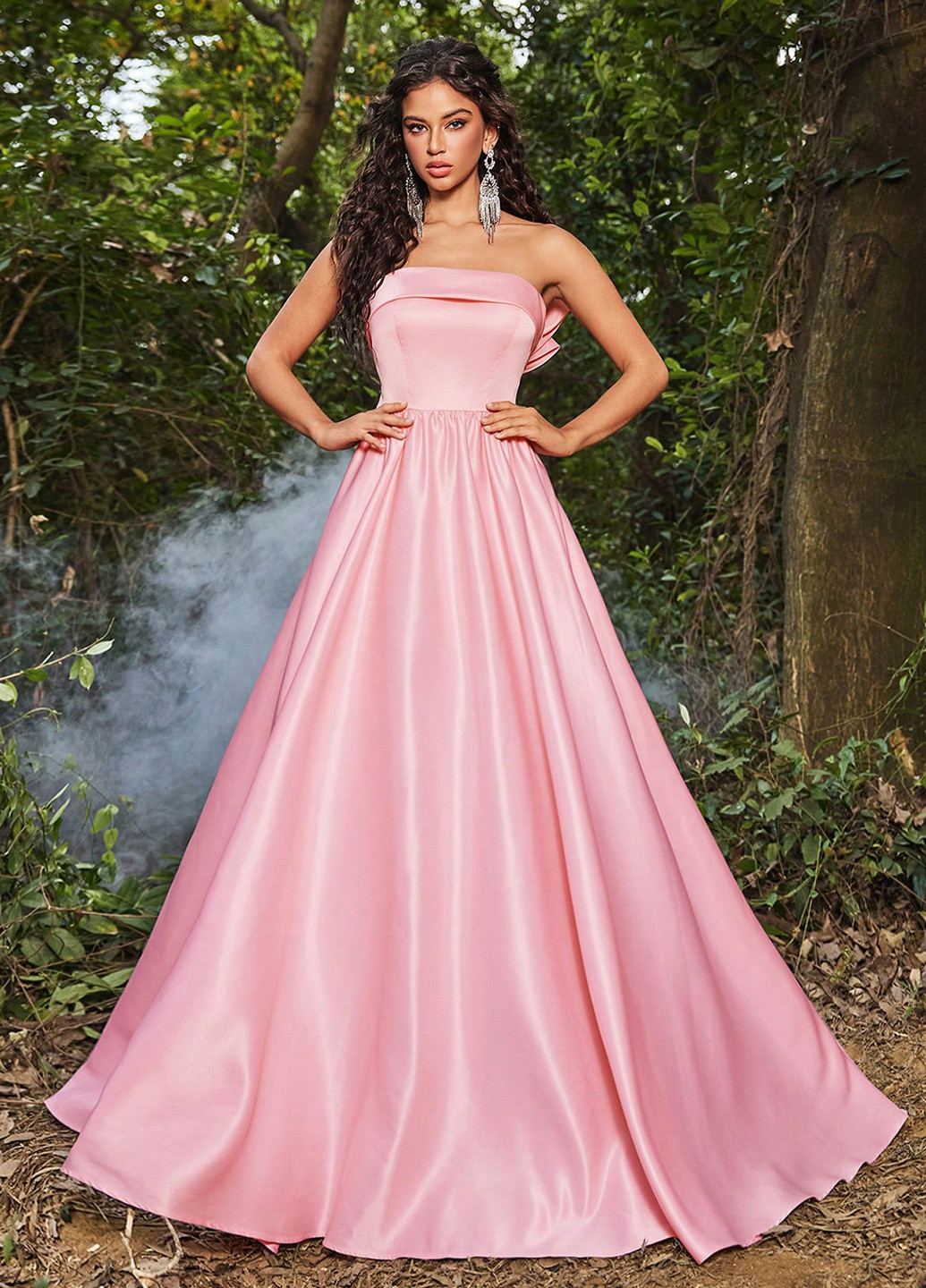 Світло-рожева святковий, вечірня сукня кльош, зі шлейфом SHEIN однотонна