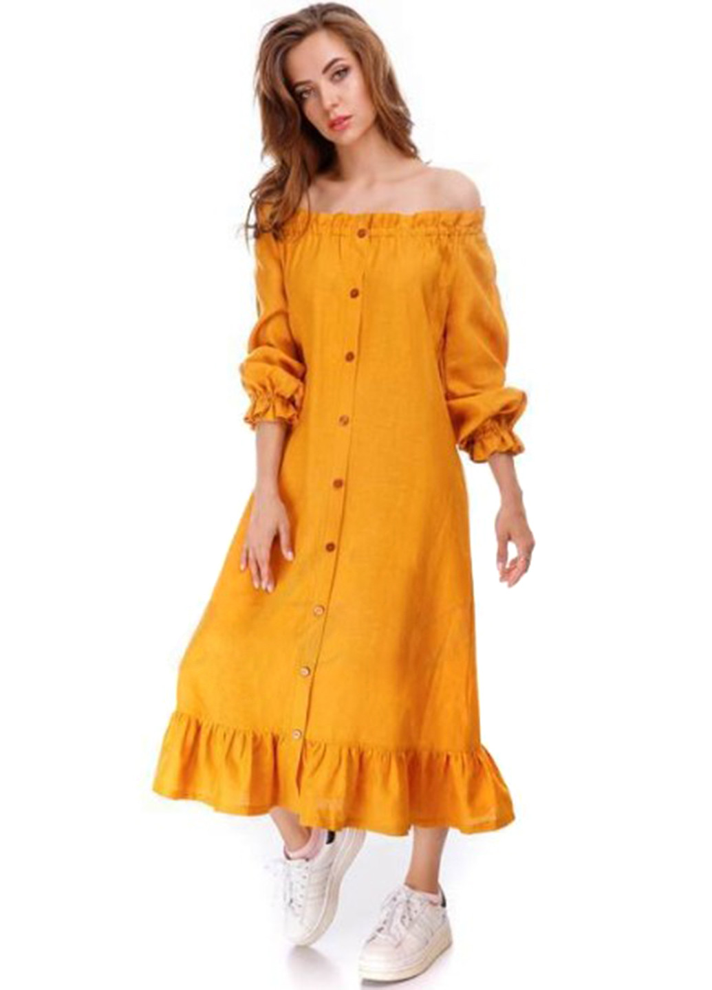 Светло-оранжевое кэжуал платье с открытыми плечами Silence однотонное
