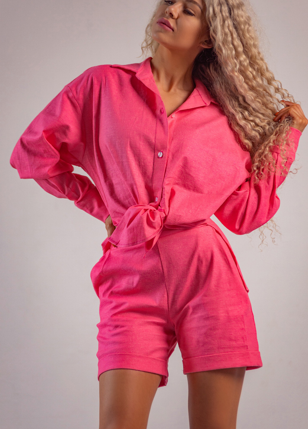Костюм (рубашка, шорты) Asalart с шортами однотонный розовый кэжуал хлопок, лен