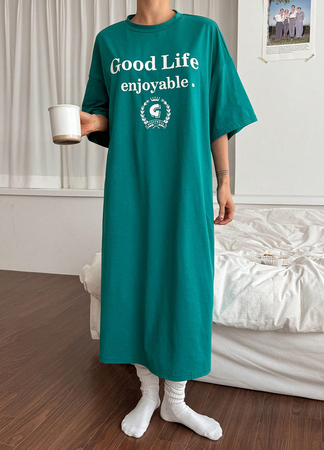 Зеленое домашнее платье платье-футболка SHEIN с надписью