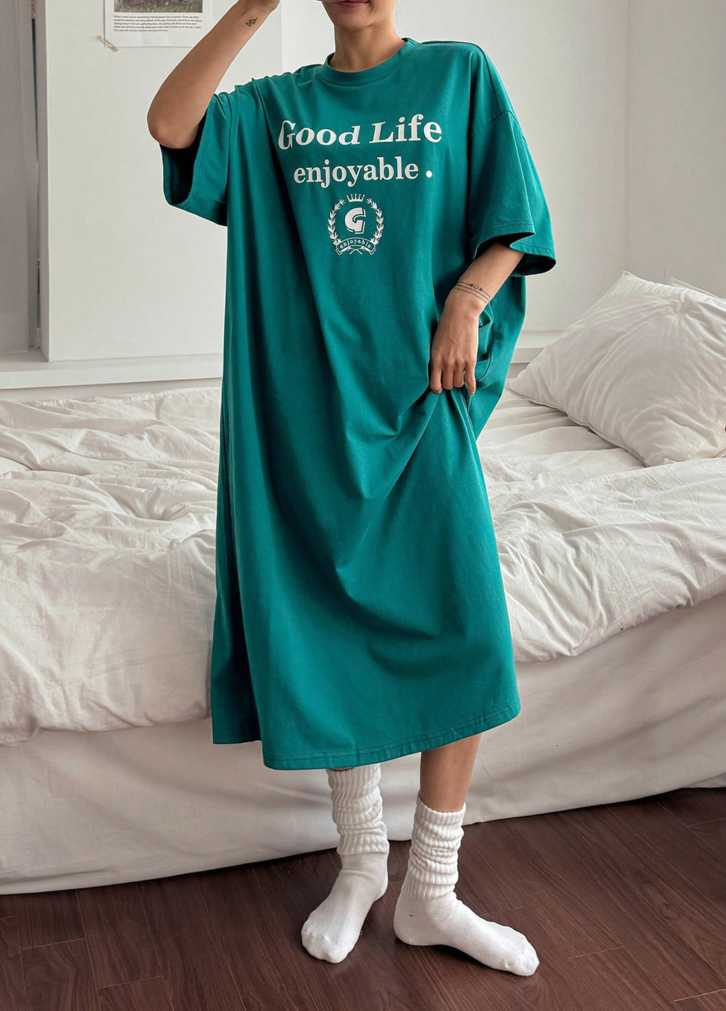 Зеленое домашнее платье платье-футболка SHEIN с надписью