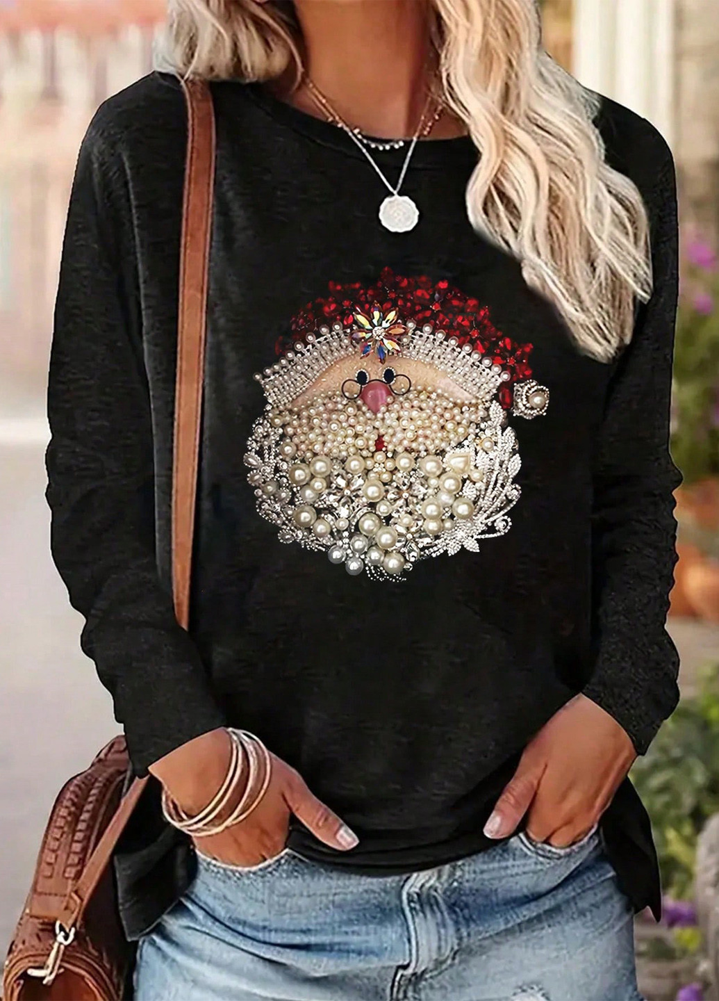 Черный свитшот SHEIN новогодний аппликация, бусины, пайетки, стразы (338186857)