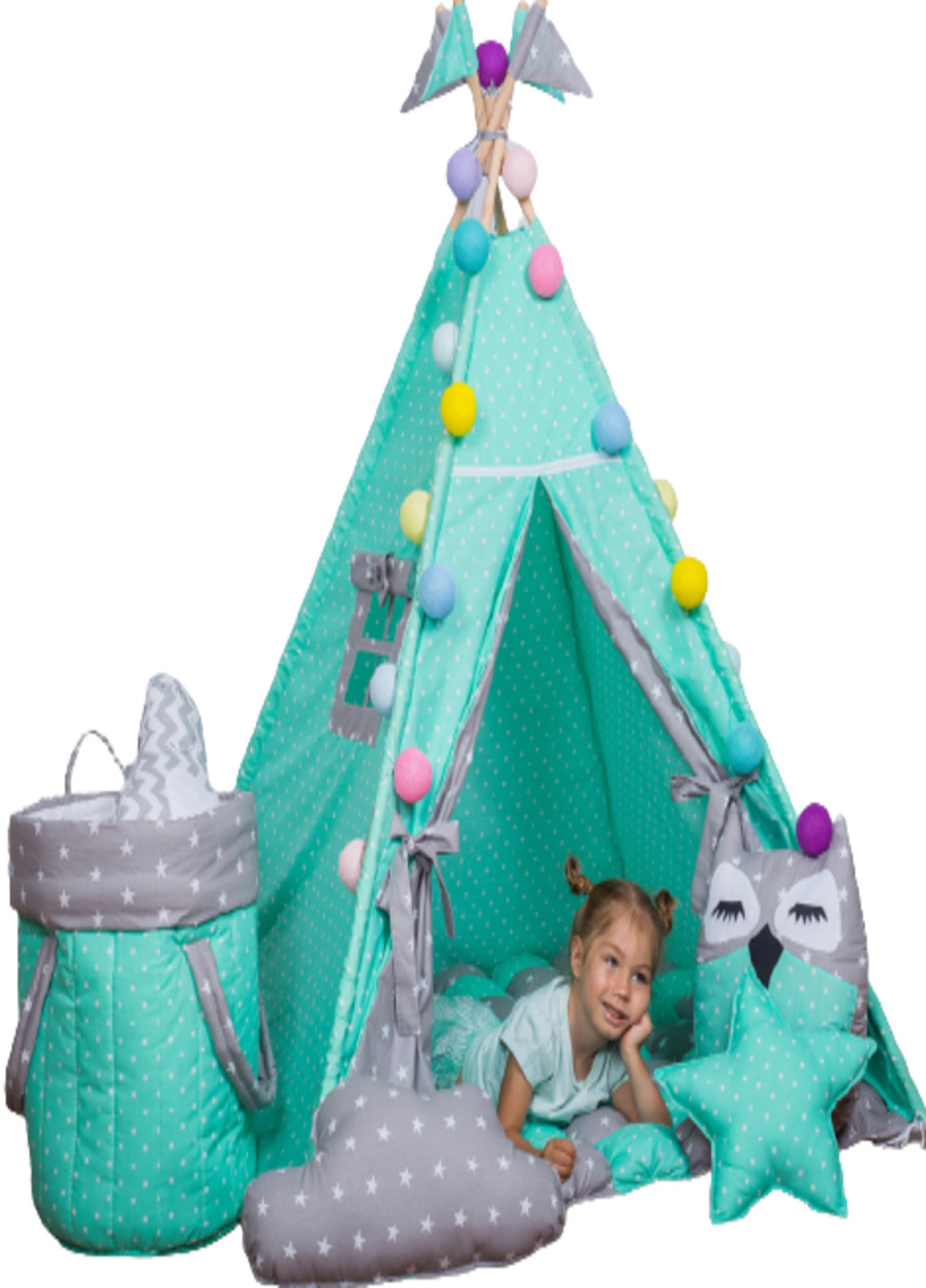 Детская игровая палатка - вигвам домик для детей с подушками матрасом и корзинкой для игрушек (74816185-Т) Бирюзовый Francesco Marconi (238135756)