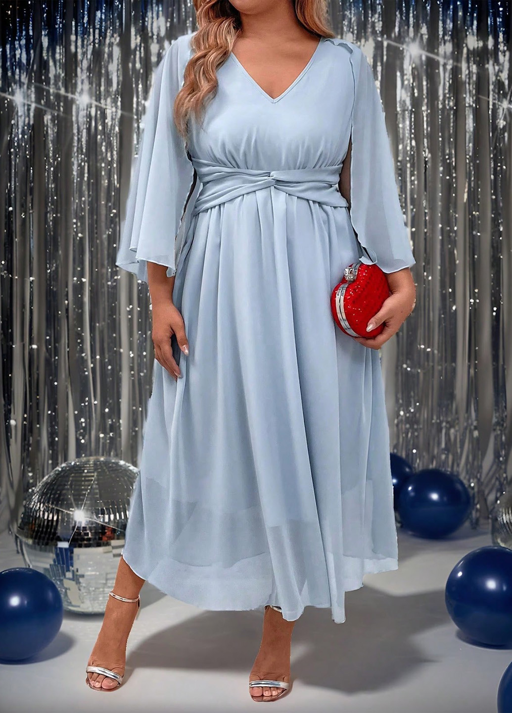 Светло-голубое вечернее, кэжуал платье а-силуэт SHEIN однотонное