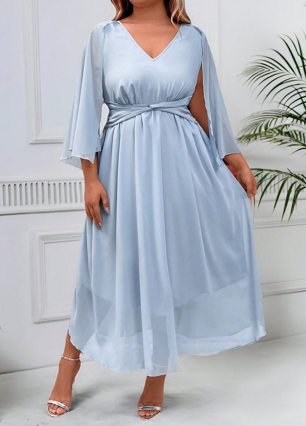 Светло-голубое вечернее, кэжуал платье а-силуэт SHEIN однотонное